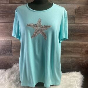 Coral Bay Ladies Mint Green Top with Embellished Star Fish, Size Petite XL ,PXL